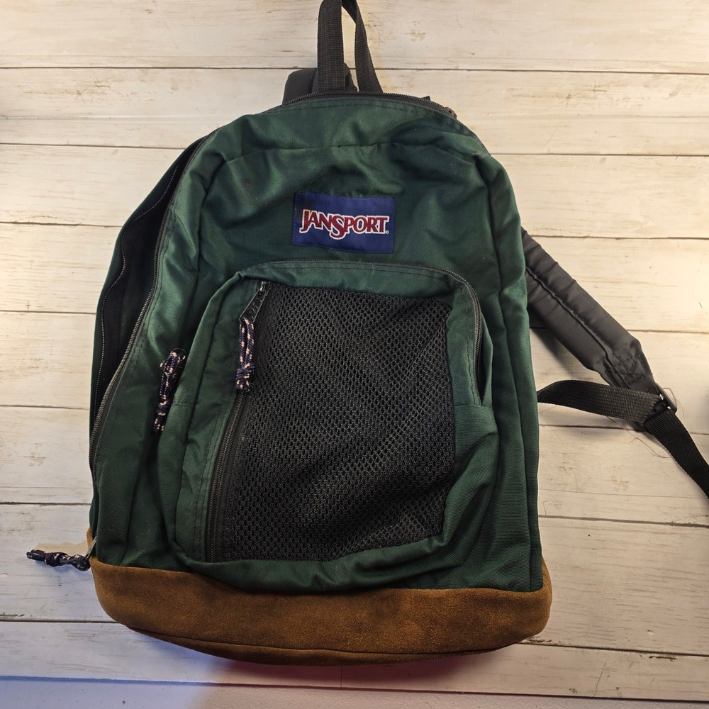 VTG 90's JanSport Backpack Forest Green Canvas Suede Leather Bottom Mesh Pocket